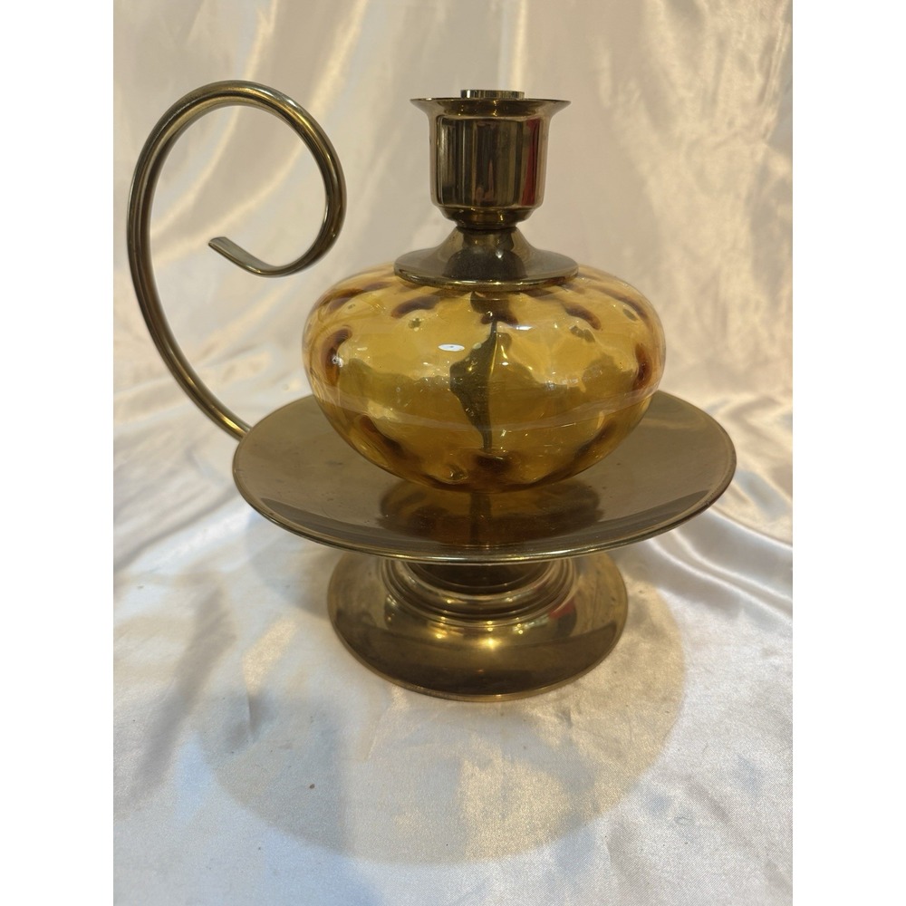 Vintage Colonial Amber Glass & Brass Candle holder